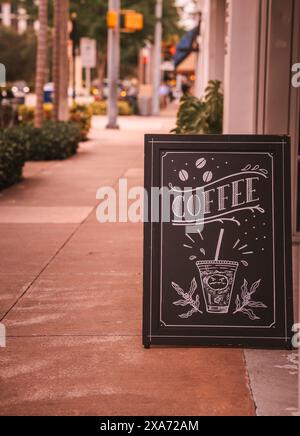 Ein Kaffeeschild auf einem Bürgersteig in der Nähe von Büschen Stockfoto