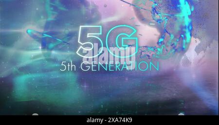 Bild von 5g Text der 5. Generation in blauen Neonbuchstaben über dem sich drehenden Globus im Universum Stockfoto