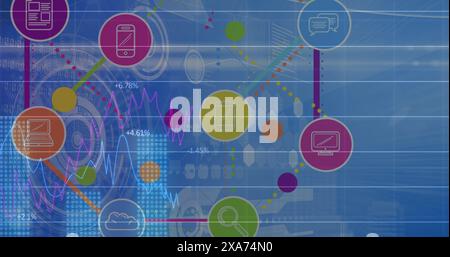 Abbildung der Verarbeitung von Finanzdaten und des Netzwerks von Verbindungen über Scopes Stockfoto