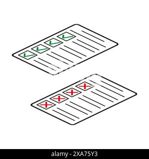 Checklistensymbole. Genehmigte und abgelehnte Marken. Isometrische Perspektive. Vektorabbildung. Stock Vektor