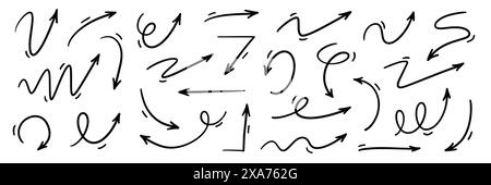 Pfeilvektor handgezeichnete Skizze Symbolsatz. Kritzelskizze Hand gezeichneter Richtungselementsatz. Zeichentrickelemente mit Bleistift-Doodle-Design. Swirl-Pfeil-Schild. Vektorabbildung. Stock Vektor