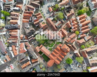 Ein Blick aus der Vogelperspektive auf Minden, Deutschlands historisches Stadtzentrum. Stockfoto