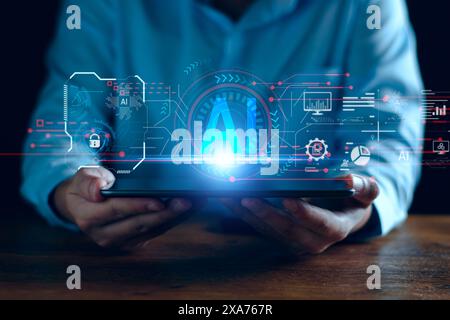 Entwicklung der künstlichen Intelligenz, KI. Geschäftsleute erleben Gehirnfunktionen, Algorithmen für künstliche Intelligenz, eine neue Generation vernetzter Menschen Stockfoto