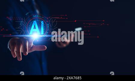 Entwicklung der künstlichen Intelligenz, KI. Geschäftsleute erleben Gehirnfunktionen, Algorithmen für künstliche Intelligenz, eine neue Generation vernetzter Menschen Stockfoto