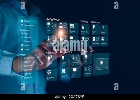 Smart Home Dashboard-Schnittstelle steuert verbundene Geräte und richtet Automatisierungen ein. Futuristisches virtuelles Bildschirm-HUD über digitalem Tablet-Computer. Assistan Stockfoto