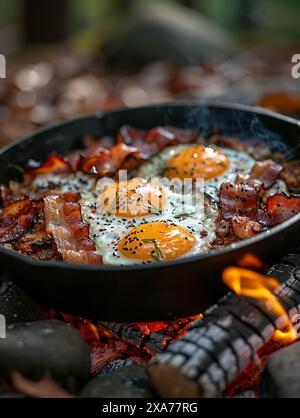 Eine Pfanne mit Eiern und Speck, die draußen am Holzfeuer kochen Stockfoto