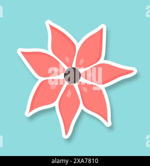 Ein pinkfarbener Blumenaufkleber oder -Symbol auf transparentem Hintergrund. Trendiges Pop Art Design der 80er Jahre Stock Vektor