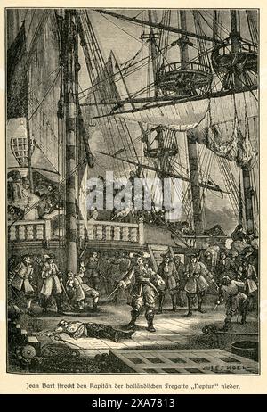 Europa, Frankreich, Dunkerque, Jean Bart, französischer Admiral und Pirat , Originaltext : Jean Bart streckt den Kapitän der holländischen Fregatte ' Neptun ' nieder , Motiv aus : Seehelden und Seeschlachten in neuerer und neuester Zeit , von Korvetten-Kapitän a. D. von Holleben, Verlag von Otto Spamer, Leipzig, 1913. / Europe, France, Dunkerque, Jean Bart, französischer Marineadmiral und Pirat, Originaltext: Jean Bart streckt den Kapitän der holländischen Fregatte " Neptun " nieder ( Jean Bart besiegt den Kapitän der niederländischen Fregatte " Naptun " , Bild aus : Seehelden und Seeschlachten i) Stockfoto