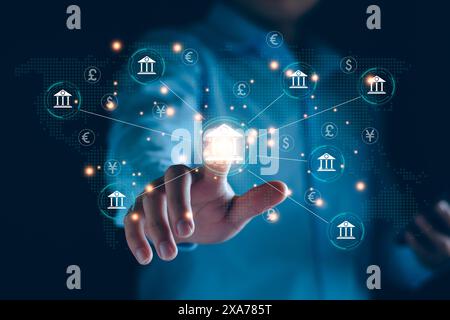 Zentralbanken und internationales Währungskonzept. Geschäftsmann tauscht Dollar Yuan Yen Pfund Sterling und Euro gegen Devisen und Devisenwechsel Stockfoto