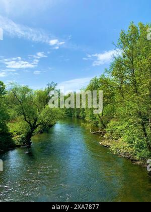 Ein Fluss, der durch üppige grüne Hügel in der Ferne fließt Stockfoto