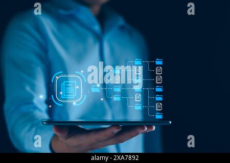 Dokumentenmanagementsystem, DMS und Automatisierungstechnik für Geschäftsprozesssysteme. Berührendes Dokumentsymbol auf dem virtuellen Bildschirm. Dateispeicherdaten Stockfoto