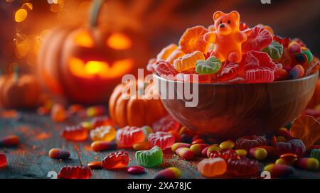 Eine hölzerne Schüssel voller farbenfroher Halloween-Süßigkeiten, darunter Gummibären und Zuckermais, sitzt auf einem Tisch, umgeben von festlichen Lichtern und Leuchten Stockfoto