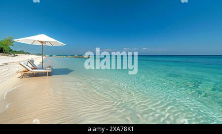 Zwei Liegestühle unter einem weißen Sonnenschirm sitzen am unberührten Sandstrand eines tropischen Paradieses mit kristallklarem türkisfarbenem Wasser Stockfoto