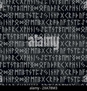 Graue alte wikingerrunen-Alphabet-Muster über einem dunklen Wasserfarbeffekt im Hintergrund Stock Vektor