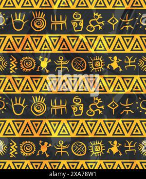 goldene geometrische indigene südamerikanische Muster mit Petroglyphen mit Wasserfarbeneffekt Stock Vektor