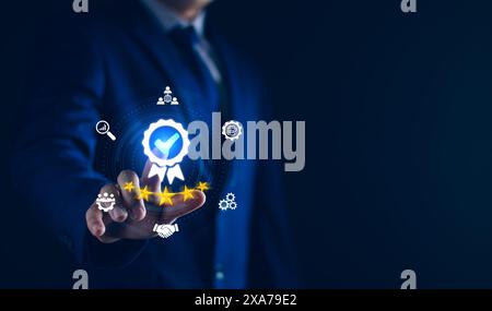 Zertifizierungs- und Standardisierungsprozess, iso-zertifiziertes Geschäft, Konformität mit internationalen Standards hohes Qualitätssicherungskonzept. Gut und pünktlich Stockfoto