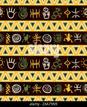 Wunderschönes indigenes Muster südamerikanischer Ureinwohner mit farbenfrohen Petroglyphen über einem dunkelbraunen Marmor-Effekt im Hintergrund Stock Vektor
