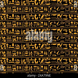 Erstaunliche alte ägyptische gelbe Hieroglyphen über schwarzem Hintergrund nahtloses Muster Stock Vektor