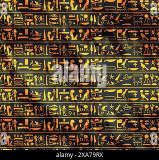 Alte goldene ägyptische Hieroglyphen Alphabet Muster über schwarzem Wasser Farbeffekt Hintergrund nahtlose Muster Stock Vektor