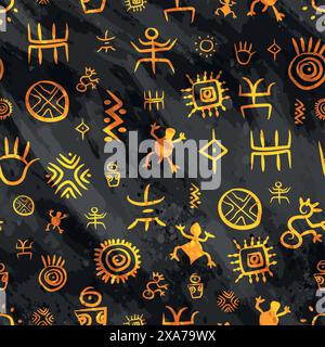 Fantastische goldene einheimische, südamerikanische Petroglyphen mit Wasserfarben-Effekt Stock Vektor
