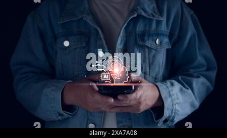 Chat-bot-Konzept. KI, Künstliche Intelligenz. Geschäftsmann mit Technologie intelligenter Roboter Chat KI, Eingabe von Eingabeaufforderung, Fragen und Antworten, Analyse Stockfoto