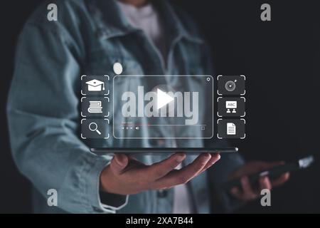 E-Learning, Online-Lernen mit Webinar, Video-Clip-Tutorial, Internetunterricht, Webinar, Online-Bildungskonzept, Video-Tutorial, Bildungskonzept, Stockfoto