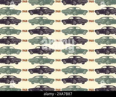 Muscle Car Vector Set Collage mit pastellgrünen, dunkelblauen und braunen Farben. Stock Vektor