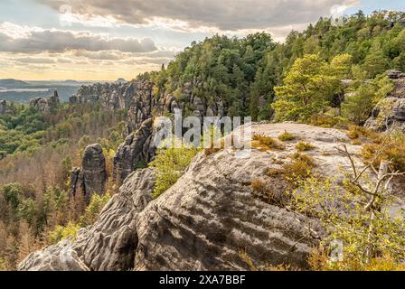 Blick vom Höhenwanderweg auf die Schrammsteine, Sächsische Schweiz, Sachsen, Deutschland Stockfoto