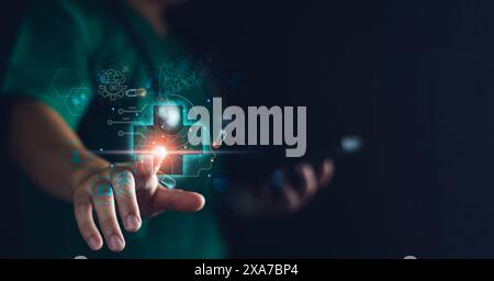 Medizintechnik, Arzt verwenden KI-Roboter für die Diagnose, Pflege und Erhöhung der Genauigkeit der Patientenbehandlung in Zukunft. Medizinische Forschung und Entwicklung in Stockfoto