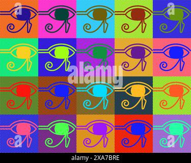 Farbenfrohes Horus Eye Repetition Muster im Pop Art Stil. Altägyptisches und Retro-Kunstkonzept Stock Vektor