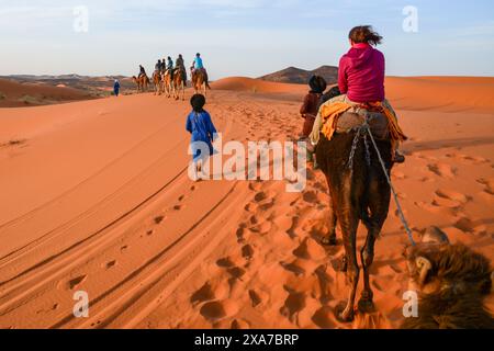 Die Touristen auf Kamelen mit Guides in der marokkanischen Sahara auf einer Wüstenkameltour Stockfoto