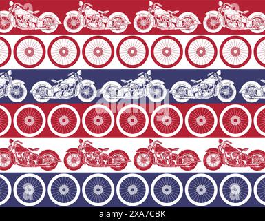 Vintage Motorrad und Fahrrad Rad Vektor Set Collage mit Vereinigte Staaten Flagge Farben und Barren Muster auf Hintergrund Stock Vektor
