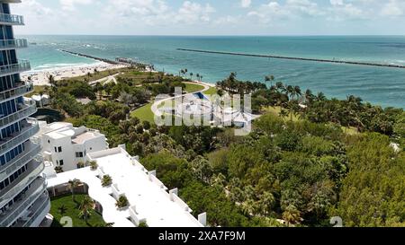 Eine Luftaufnahme von South Pointe in Miami Beach, Florida Stockfoto