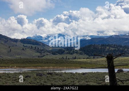 Ein ruhiger See, eingebettet in üppiges Grün und majestätische Berge Stockfoto