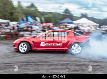 Ein roter Sportwagen, der auf einer Rennstrecke mit rauchendem Rauch herumtreibt Stockfoto