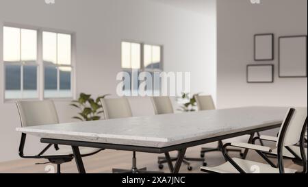Ein minimalistischer weißer Tagungsraum verfügt über einen Besprechungstisch aus weißem Marmor und weiße Sessel. Arbeitsplatzkonzept. 3D-Rendering, 3D-Abbildung Stockfoto