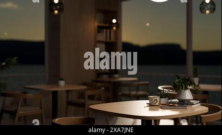 Ein Nahbild eines Holztisches mit Sesseln in einem modernen minimalistischen Restaurant in der Abenddämmerung mit Blick auf die Natur durch das Fenster. 3D-Rendering, 3D Stockfoto