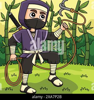 Ninja mit einem Grappling Hook farbigen Cartoon Stock Vektor