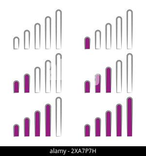 Violette Balkendiagramme für Verläufe. Schwarz-weiß. Symbole für die Datenvisualisierung. Modernes Vektorset. Stock Vektor