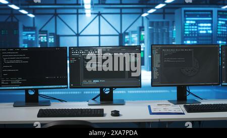 Codezeilen, die auf Computerbildschirmen im Rechenzentrum ausgeführt werden und zur Fehlerbehebung bei Rackeinbauten in Serverreihen verwendet werden. Nahaufnahme des Skripts, das auf PC-Monitoren arbeitet, Hardware aktualisieren Stockfoto