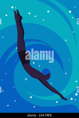 Ein afrikanischer Mann im Schwimmbad. Ins Wasser springen und im Pool schwimmen. Wassersport. Illustration der Vektorabwicklung Stock Vektor