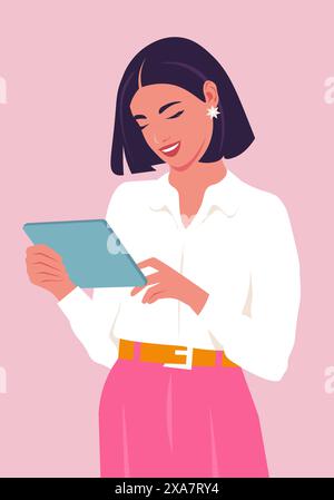 Glückliche asiatische Frau, die einen Tag mit Tablet plant. Person steht und sendet Nachrichten. Lächelnder Lehrer mit der Schulungs-App. Illustration der Vektorabwicklung Stock Vektor