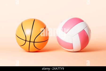 Cartoon Volleyball und Basketball im orangefarbenen Hintergrund, 3D-Rendering. 3D-Abbildung. Stockfoto