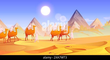 Menschen in weißen Kleidern mit Kamelen in Wohnwagen, die an heißen, sonnigen Tagen auf dem Sand des Desserts spazieren. Karikaturvektor-Illustration der Sommersandlandschaft mit Berg und Konvoi von beduinen reitenden Tieren. Stock Vektor