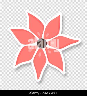 Eine Blume im Zeichentrickstil auf transparentem Hintergrund. Ein rosafarbener Blumenaufkleber mit einem Schatten. Stock Vektor