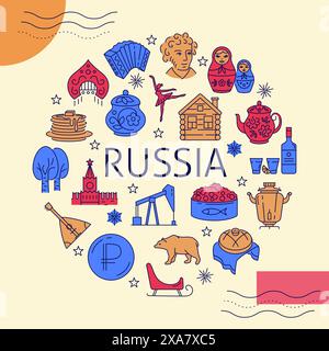 Rundes Poster mit traditionellen russischen Symbolen. Kultur und Essen Russlands. Vektorabbildung. Stock Vektor