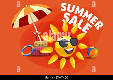 Sommerangebot Poster Sonne Cartoon in Sonnenbrille unter Sonnenschirm Stock Vektor