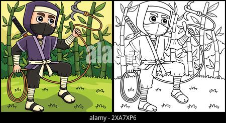 Ninja mit einer Grappling Hook Coloring Illustration Stock Vektor