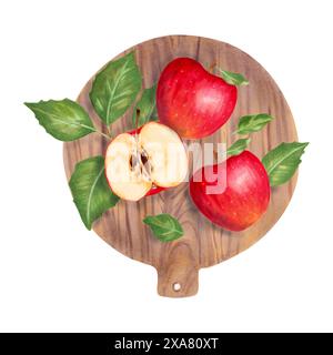 Rote Äpfel liegen auf einem hölzernen runden Schneidebrett. Gesunde ganze Früchte und Scheiben mit Blättern und Küchenutensilien. Aquarellabbildung. Handgezeichnet ist Stockfoto