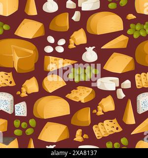 Nahtloses Muster verschiedener Käse- und Obstsorten. Vorspeisen, Snacks für Wein. Vektorillustration in realistischem Stil Stock Vektor